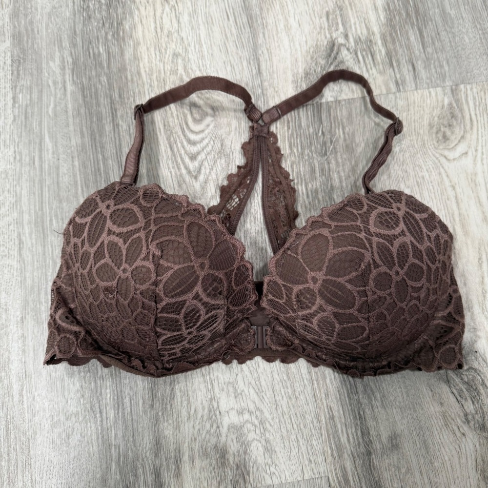 Victorias Secret PINK Date Racerback Push Up Bra Brown Lace 34D Front Close